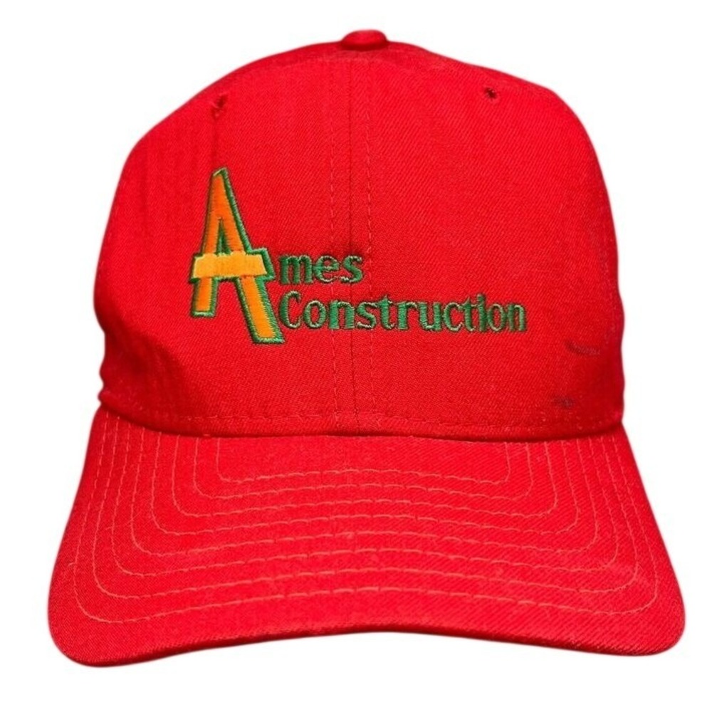 VINTAGE HAT MENS M/L RED AMES CONSTRUCTION NEW ERA‎ DUPONT VISOR USA made 1980s